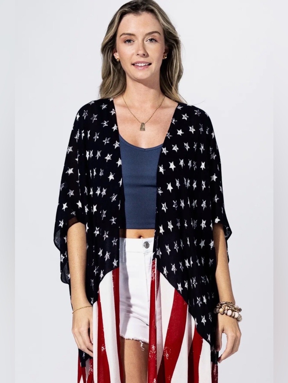 Patriotic American Flag Swim Cover-Up Kimono Navy, Red & White - Picture 3 of 4